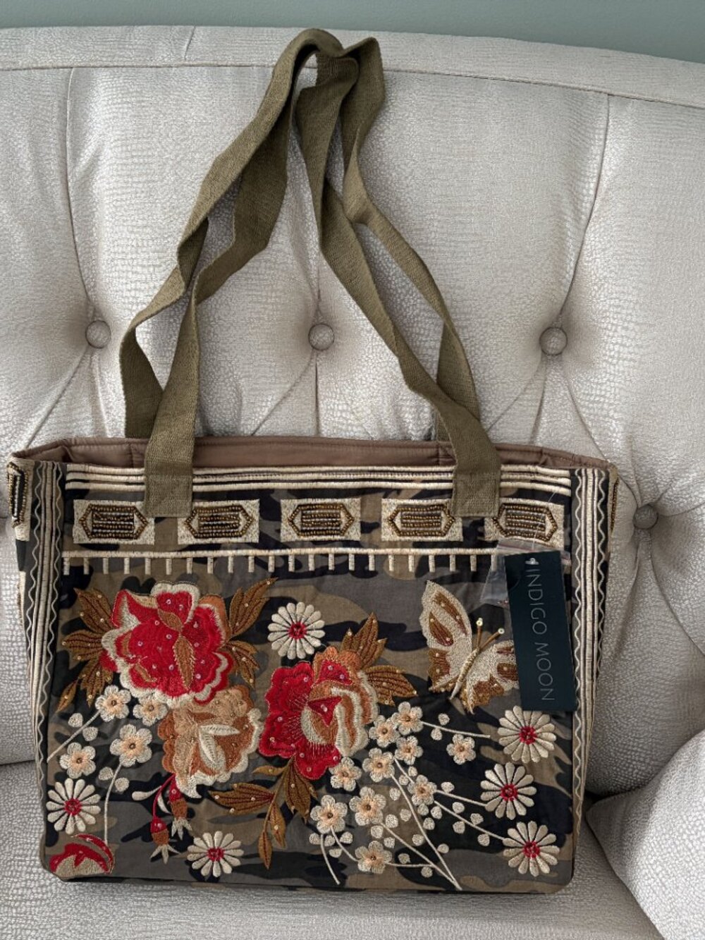 Indogo Moon Floral Embriodered Cam Tote Bag, NWT